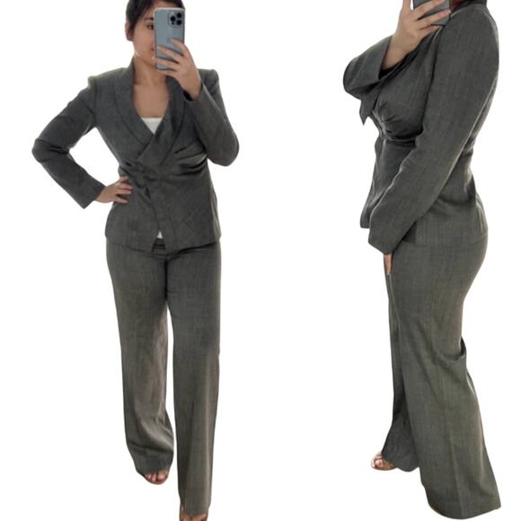Armani Collezioni 2-Piece Wool Pant Suit Asymmetrical Micro Herringbone 6 8 - Picture 2 of 12